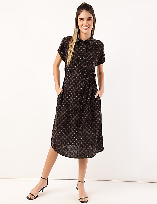 Linen Mix Printed Collar Neck Dress