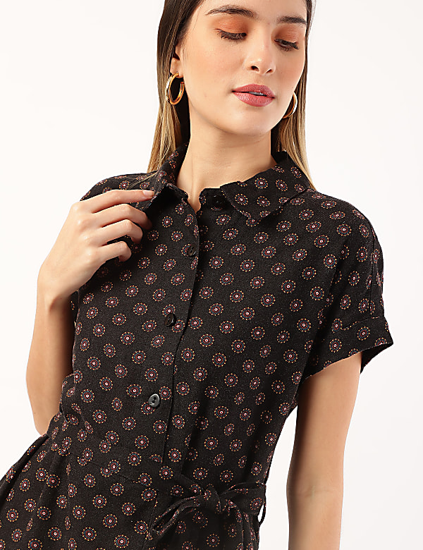 Linen Mix Printed Collar Neck Dress