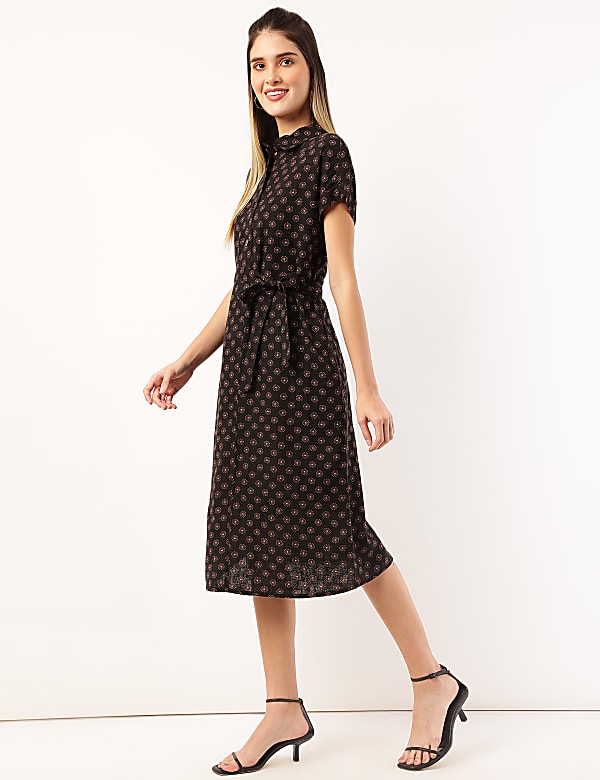 Linen Mix Printed Collar Neck Dress