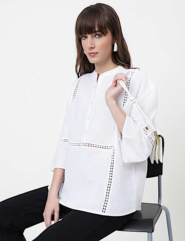 Linen Rich Embroidered Mandarin Collar Top