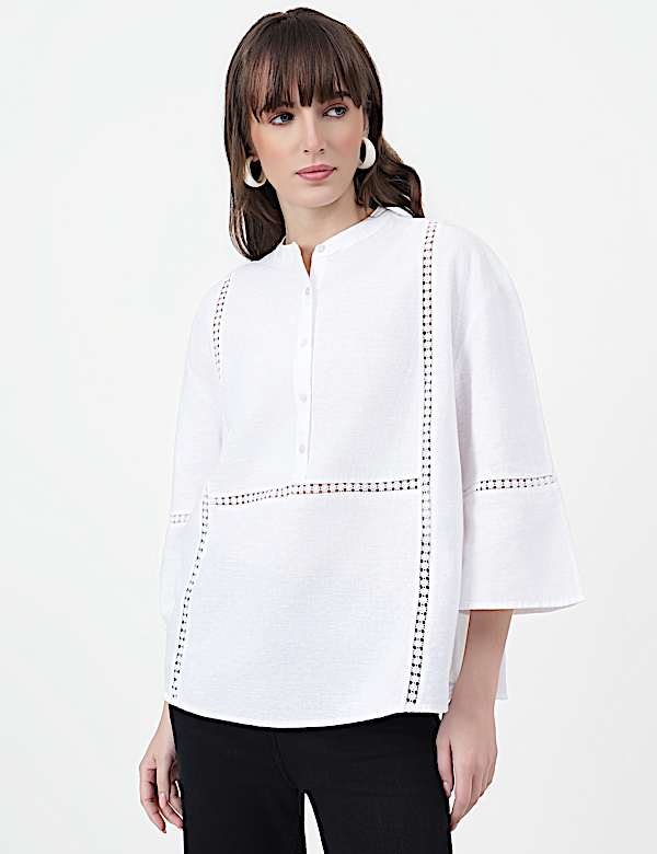 Linen Rich Embroidered Mandarin Collar Top