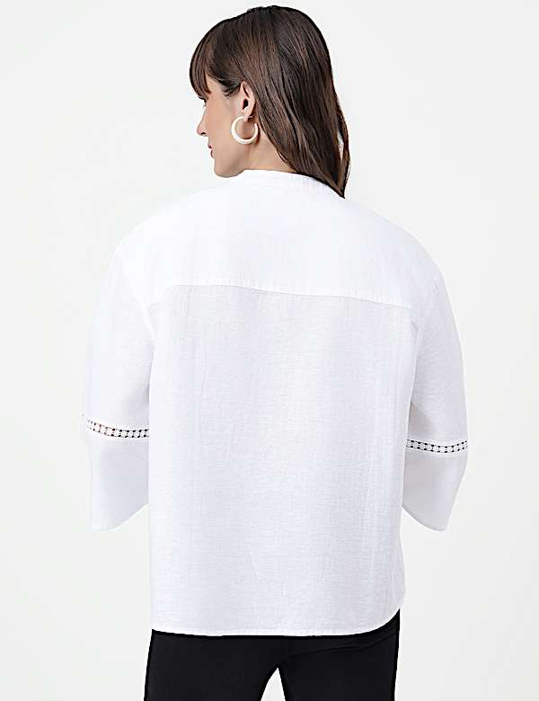 Linen Rich Embroidered Mandarin Collar Top