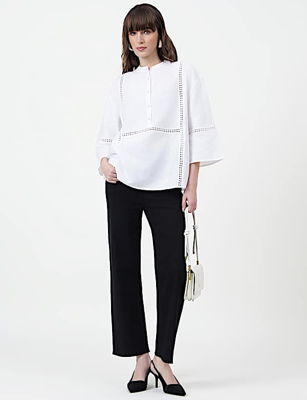 Linen Rich Embroidered Mandarin Collar Top