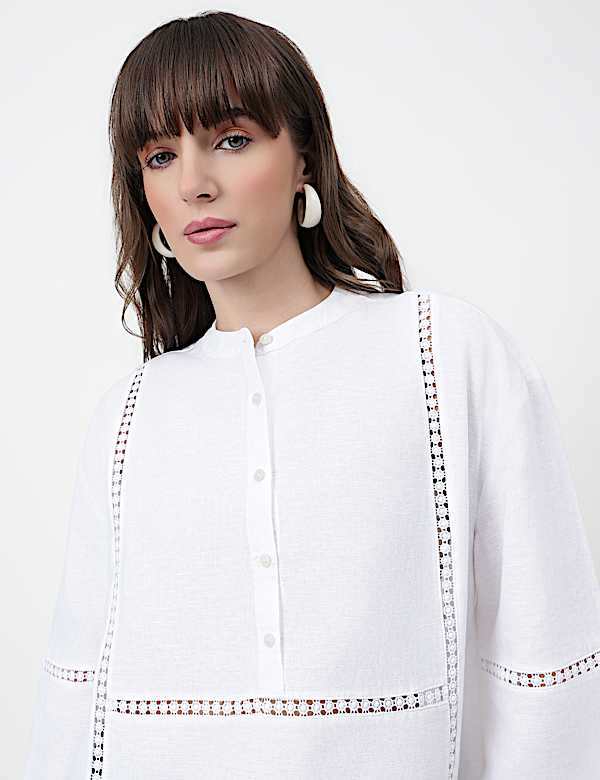 Linen Rich Embroidered Mandarin Collar Top