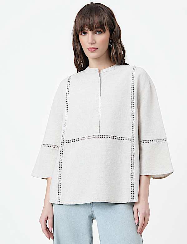 Linen Rich Embroidered Mandarin Collar Top