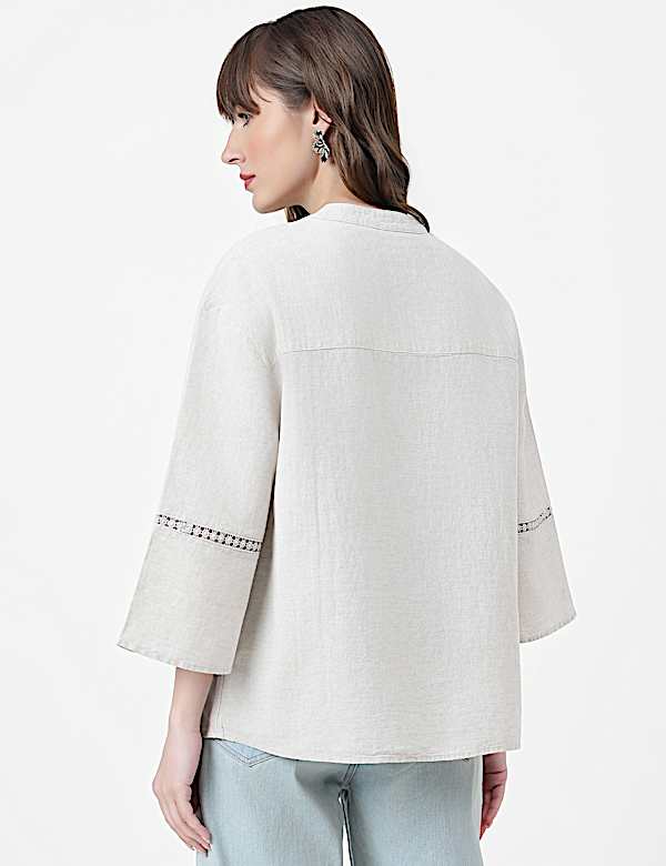 Linen Rich Embroidered Mandarin Collar Top