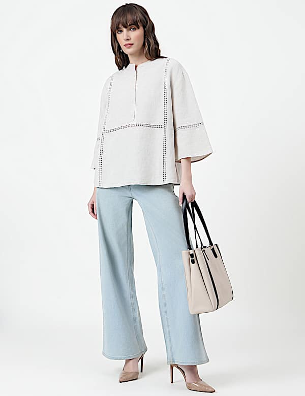 Linen Rich Embroidered Mandarin Collar Top