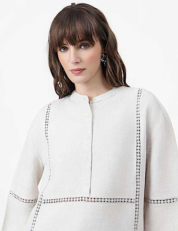 Linen Rich Embroidered Mandarin Collar Top
