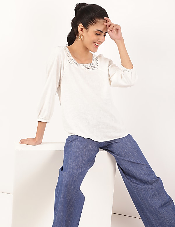Linen Mix Lace Square Neck Top