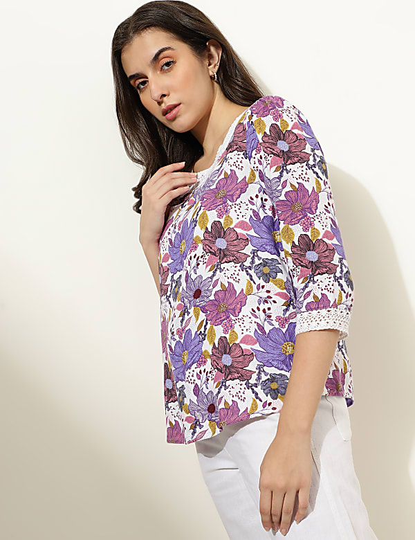 Linen Blend Floral Print Square Neck Top