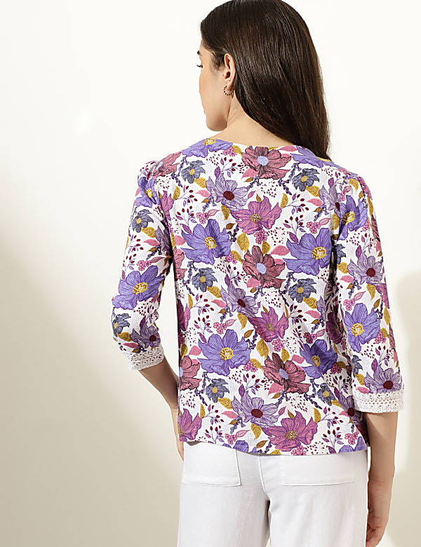 Linen Blend Floral Print Square Neck Top