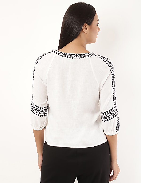 Linen Mix Embroidery Square Neck Blouse
