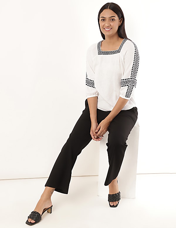 Linen Mix Embroidery Square Neck Blouse