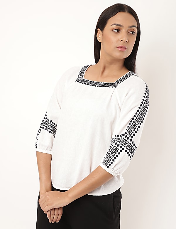 Linen Mix Embroidery Square Neck Blouse