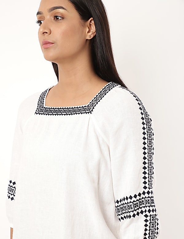 Linen Mix Embroidery Square Neck Blouse