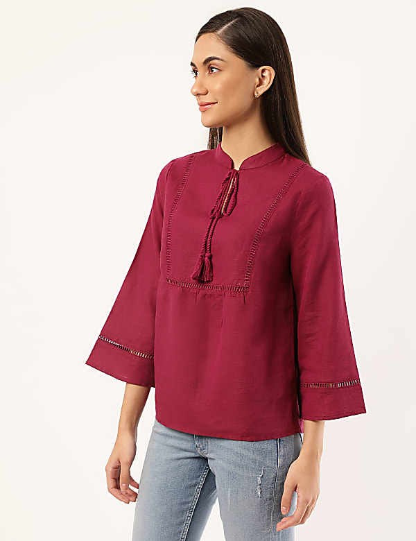 Linen Mix Plain Tie-Up Neck Top