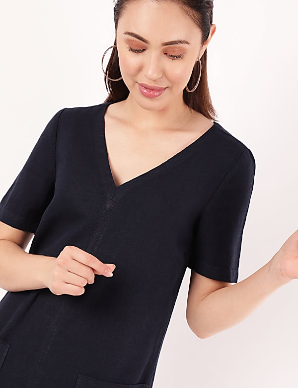 Linen Mix Plain V-Neck Dress