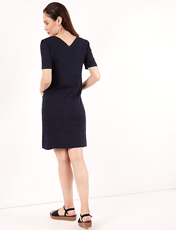 Linen Mix Plain V-Neck Dress