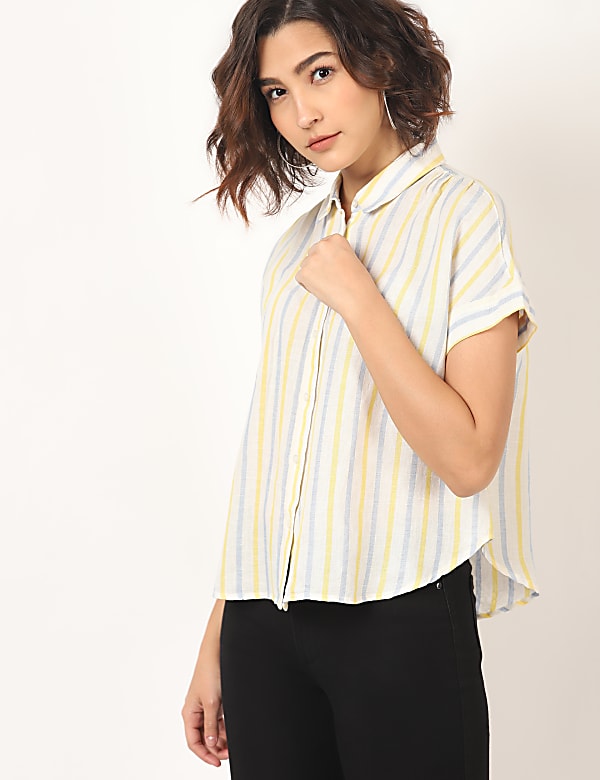 Flax Linen Mix Checked Spread Collar Shirt