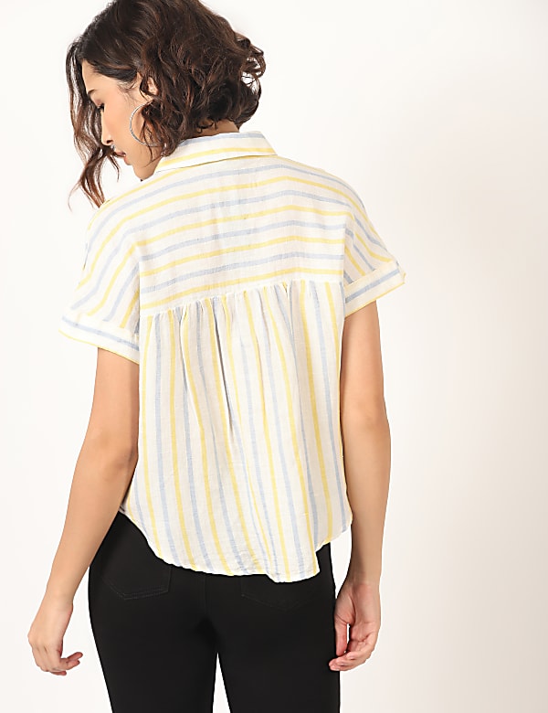 Flax Linen Mix Checked Spread Collar Shirt