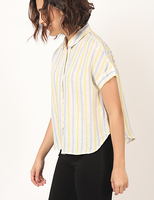 Flax Linen Mix Checked Spread Collar Shirt