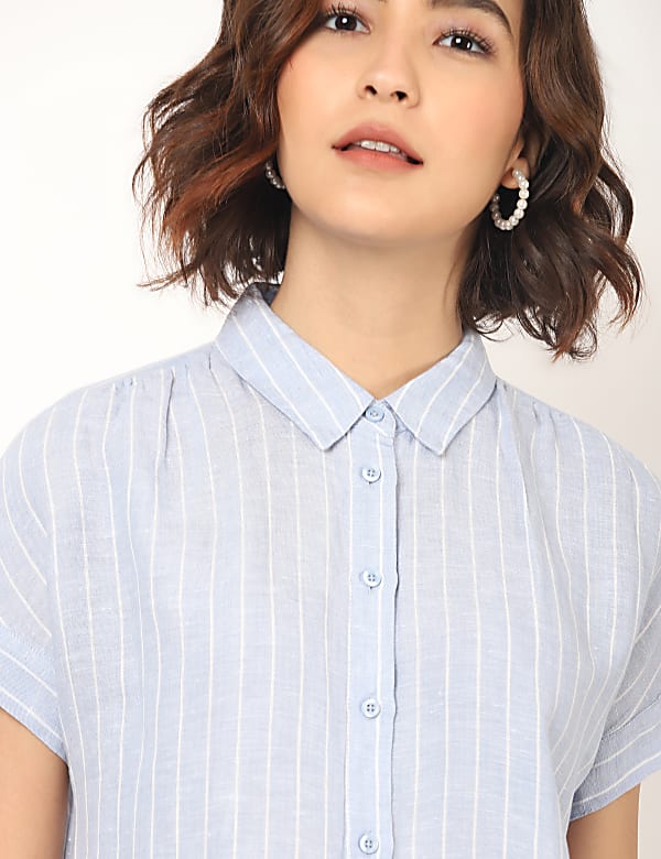 Flax Linen Mix Checked Spread Collar Shirt