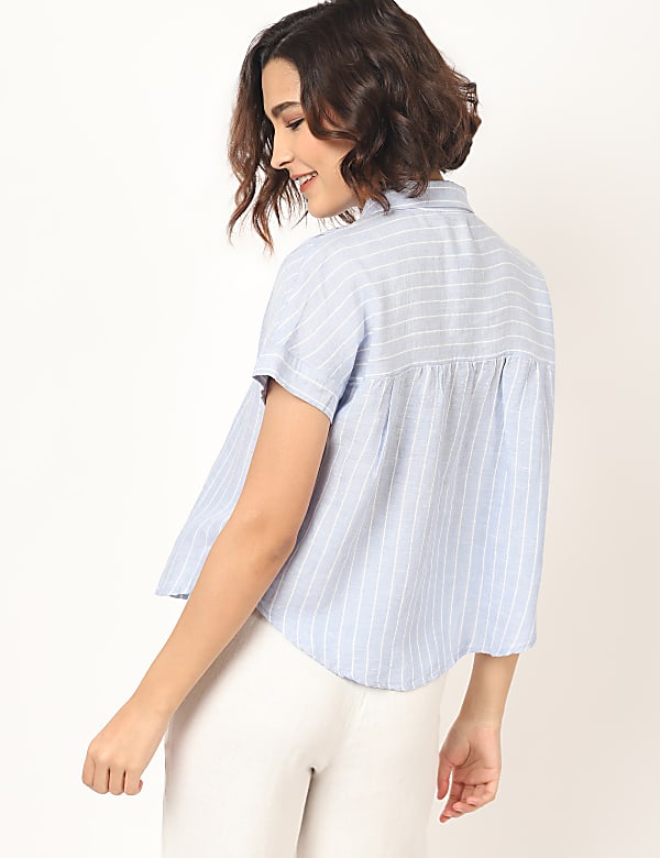 Flax Linen Mix Checked Spread Collar Shirt