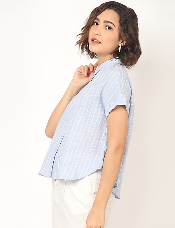 Flax Linen Mix Checked Spread Collar Shirt