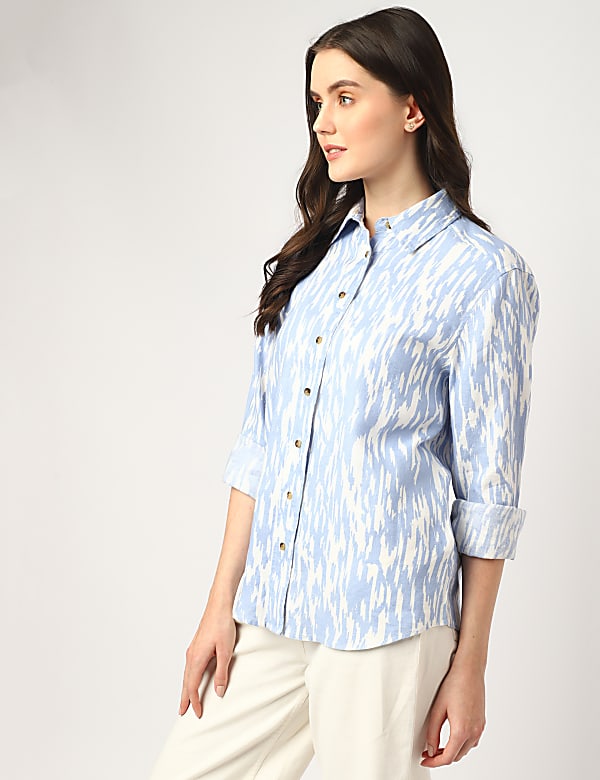 Pure Linen Printed Spread Collar Shirt