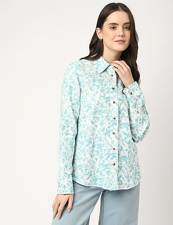 Pure Linen Printed Spread Collar Shirt