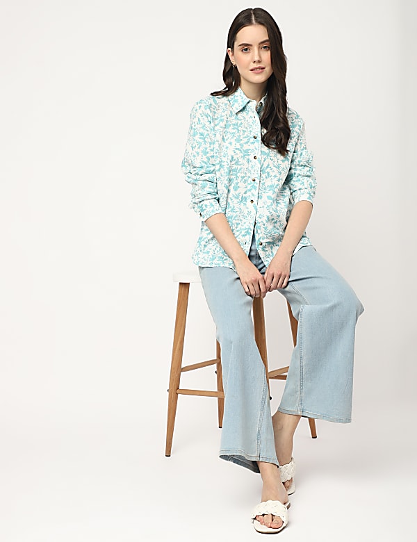 Pure Linen Printed Spread Collar Shirt