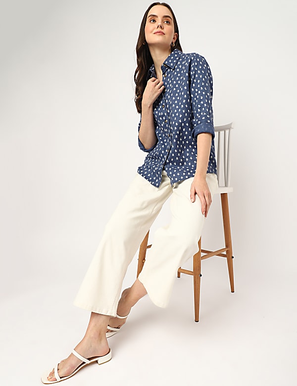 Pure Linen Floral Spread Collar Shirt