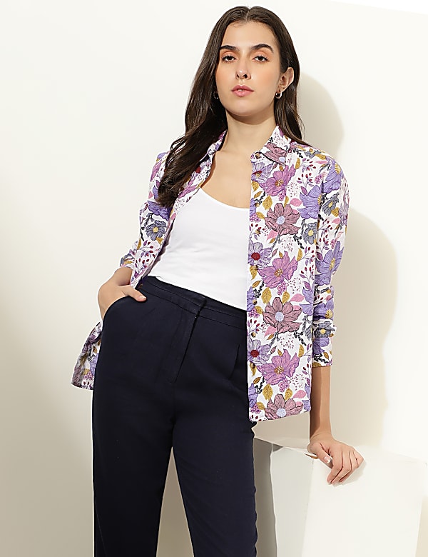 Pure Linen Floral Print Spread Collar Shirt