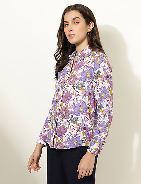 Pure Linen Floral Print Spread Collar Shirt