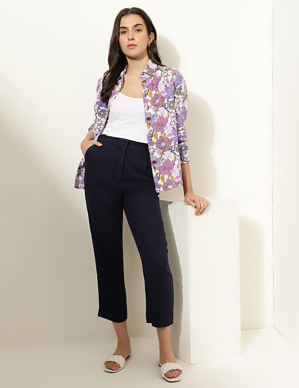 Pure Linen Floral Print Spread Collar Shirt