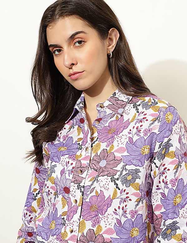 Pure Linen Floral Print Spread Collar Shirt