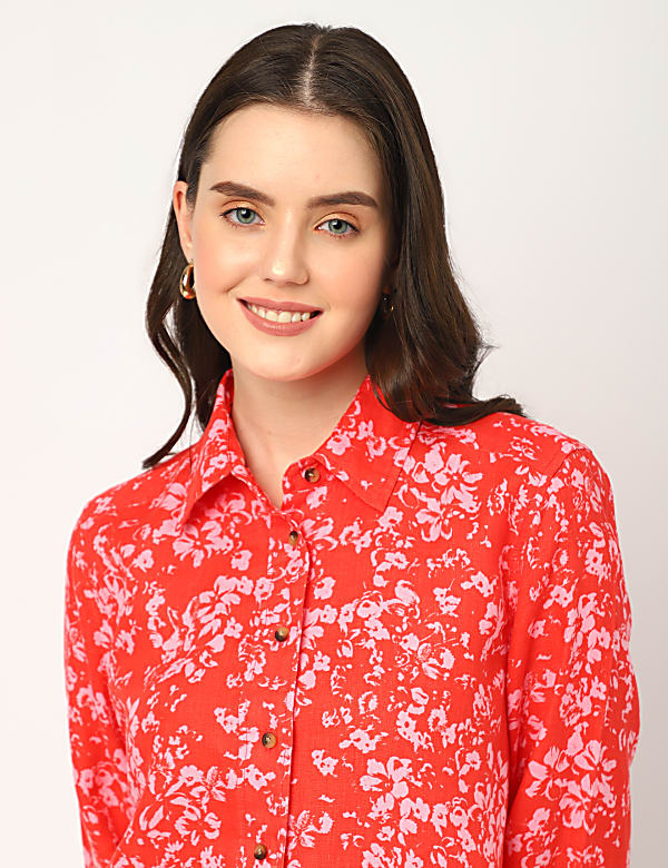 Pure Linen Floral Spread Collar Shirt