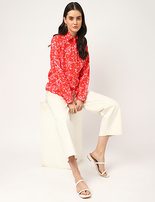 Pure Linen Floral Spread Collar Shirt