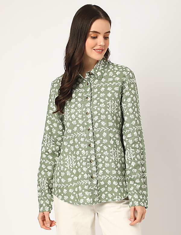 Pure Linen Floral Spread Collar Shirt