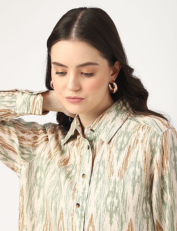 Pure Linen Printed Spread Collar Shirt