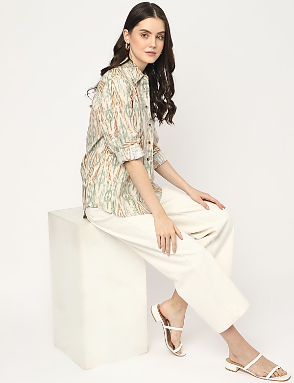 Pure Linen Printed Spread Collar Shirt