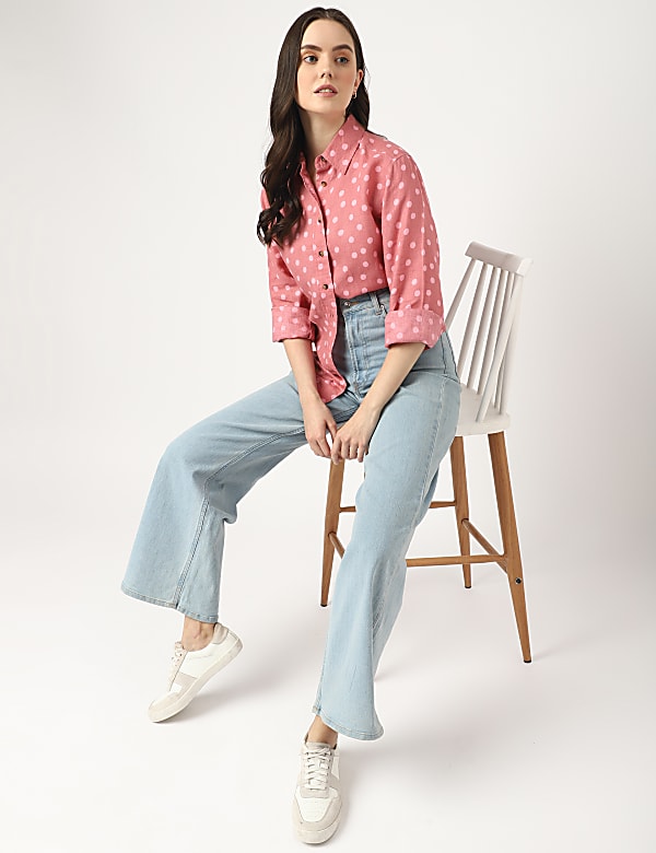 Pure Linen Polka Dot Spread Collar Shirt