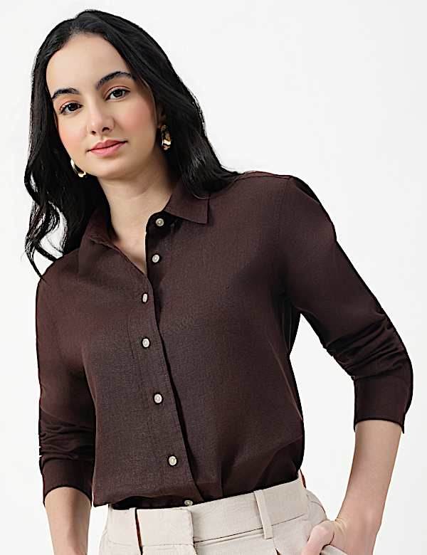 Pure Linen Plain Spread Collar Shirt