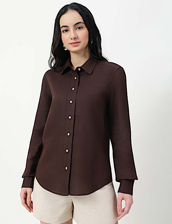 Pure Linen Plain Spread Collar Shirt