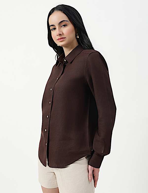 Pure Linen Plain Spread Collar Shirt