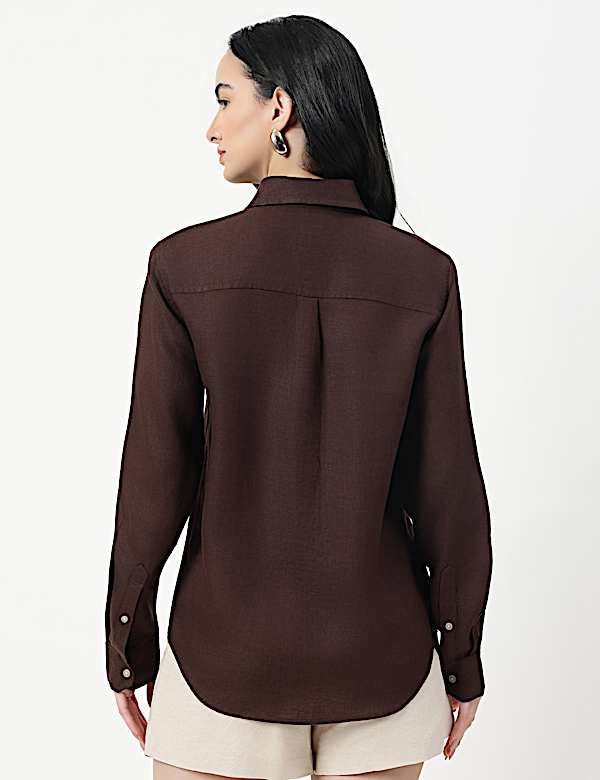 Pure Linen Plain Spread Collar Shirt