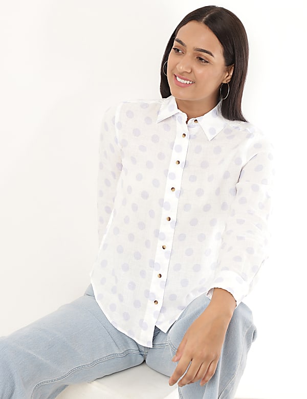 Pure Linen Polka Dot Spread Collar Shirt