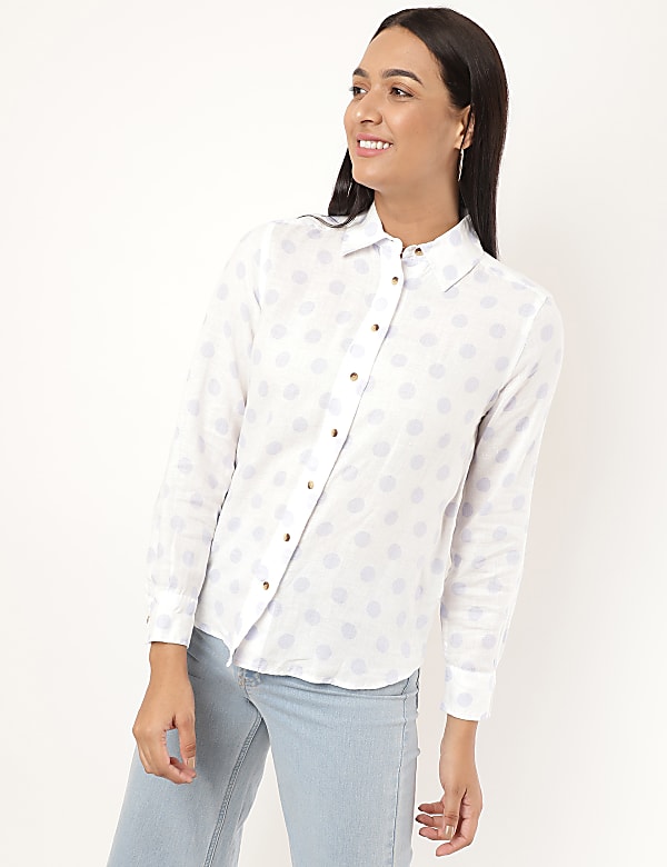 Pure Linen Polka Dot Spread Collar Shirt