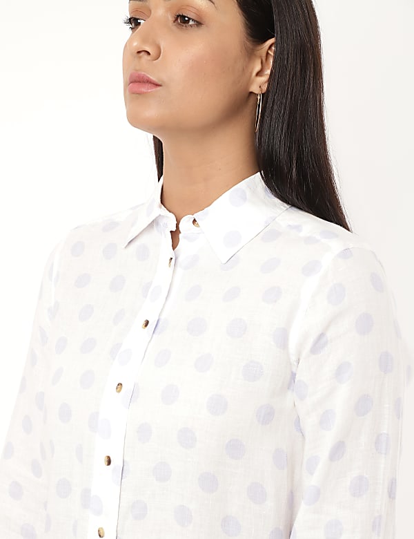 Pure Linen Polka Dot Spread Collar Shirt