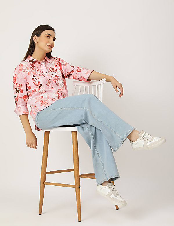 Pure Linen Floral Print Spread Collar Shirt